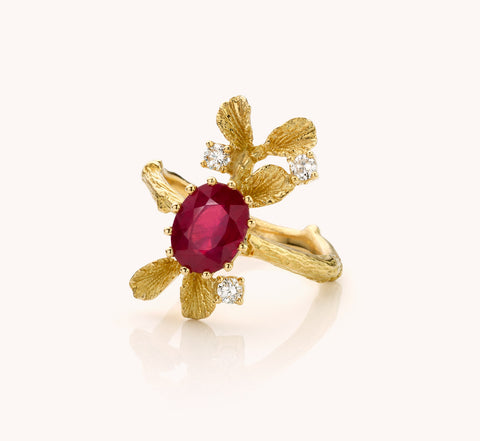 ring in geelgoud met robijn en diamant